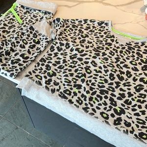 Lounge wear/sleep wear. Grey leopard print with neon green accents.  XL